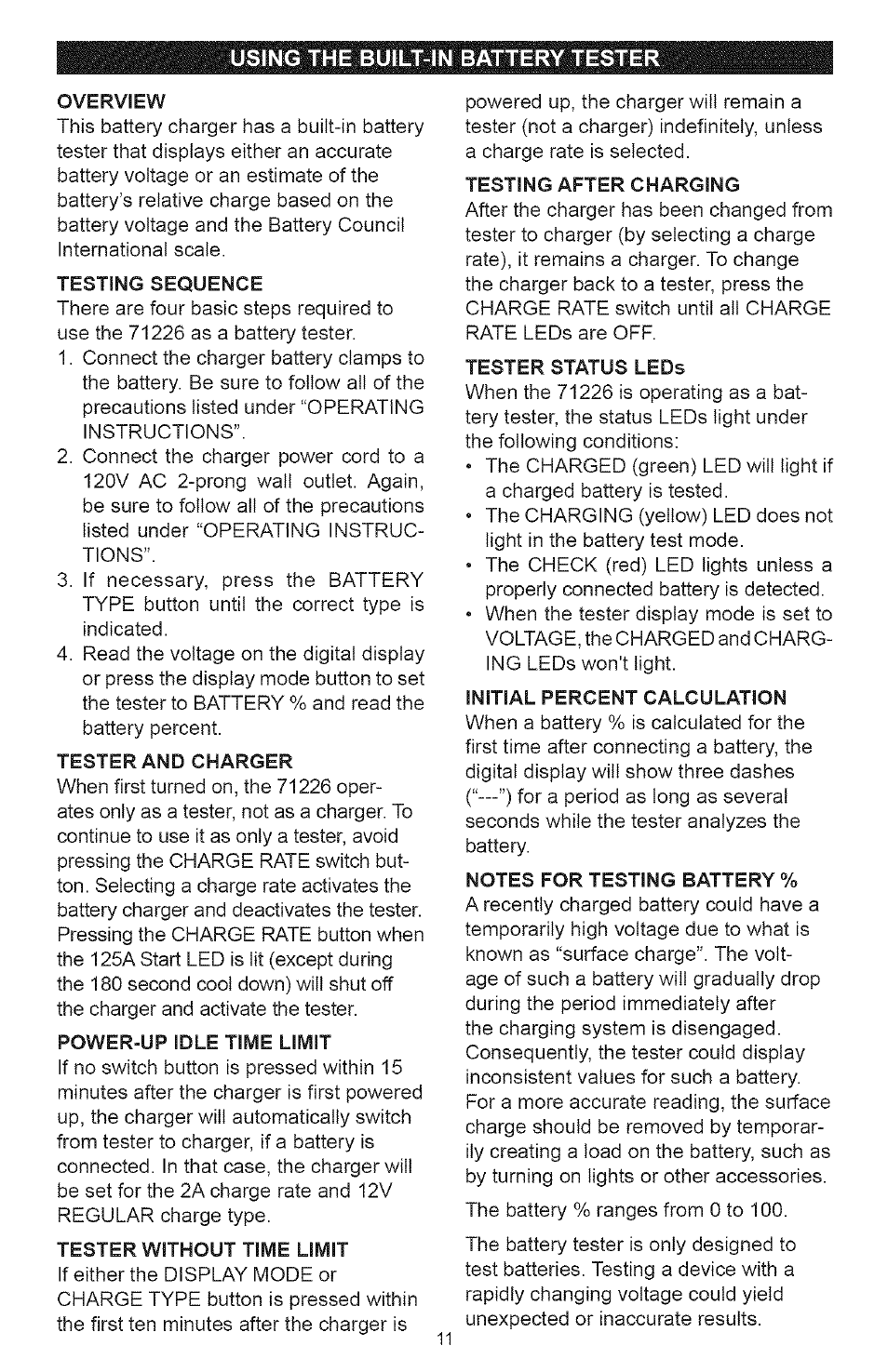 Using the built-in battery tester | Sears 200.71226 User Manual | Page 11 / 16