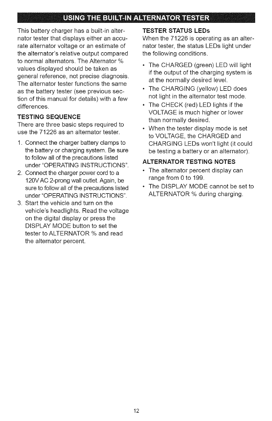 Using the built-in alternator tester | Sears 200.71226 User Manual | Page 12 / 16