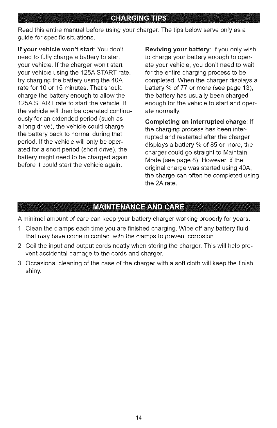 Charging tips, Maintenance and care | Sears 200.71226 User Manual | Page 14 / 16
