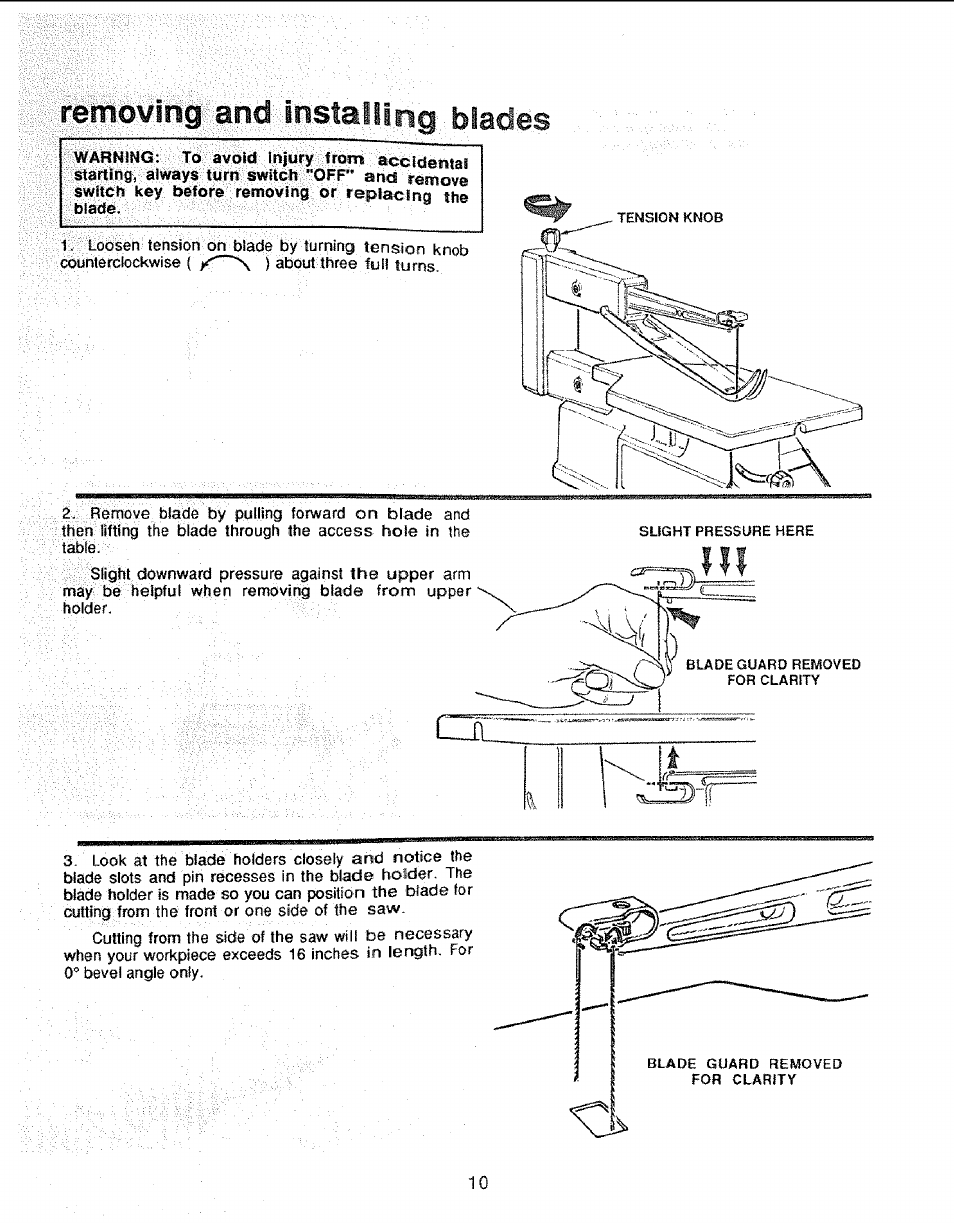 Removing and instailing biades | Sears 113.235501 User Manual | Page 10 / 22