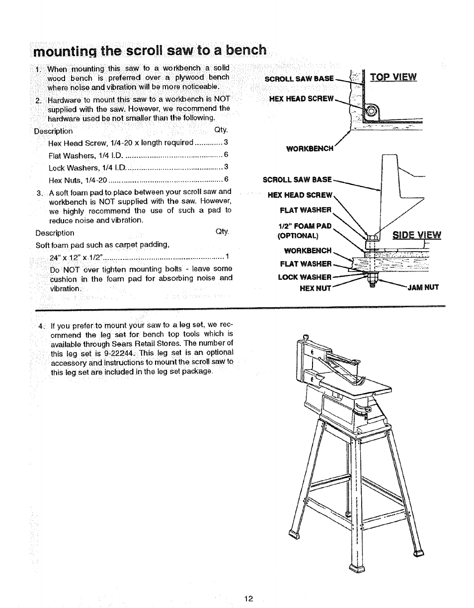 Moyntlng, The scroll saw to a bench | Sears 113.235501 User Manual | Page 12 / 22