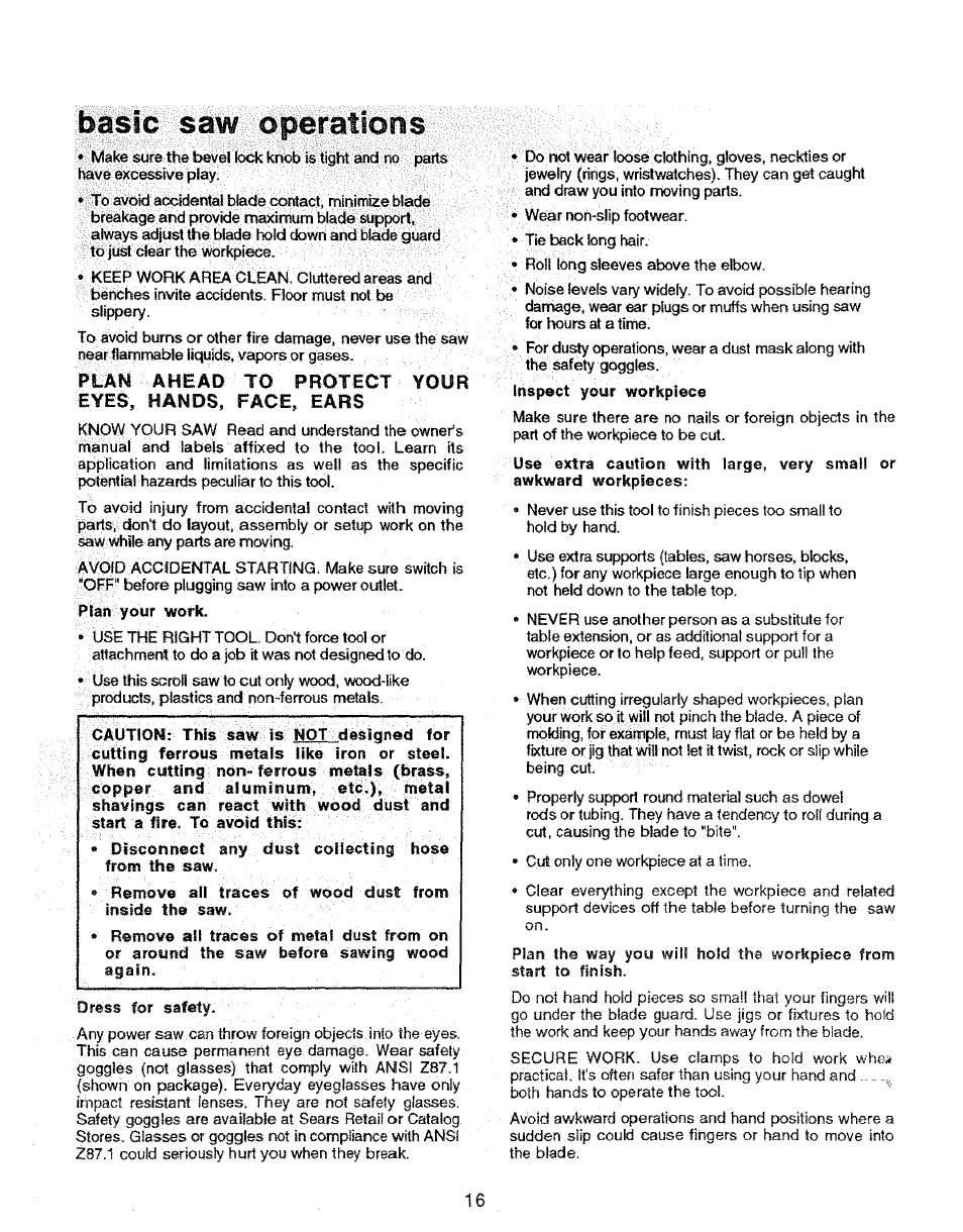 Basic saw operations, Eyes, hands, face, ears | Sears 113.235501 User Manual | Page 16 / 22