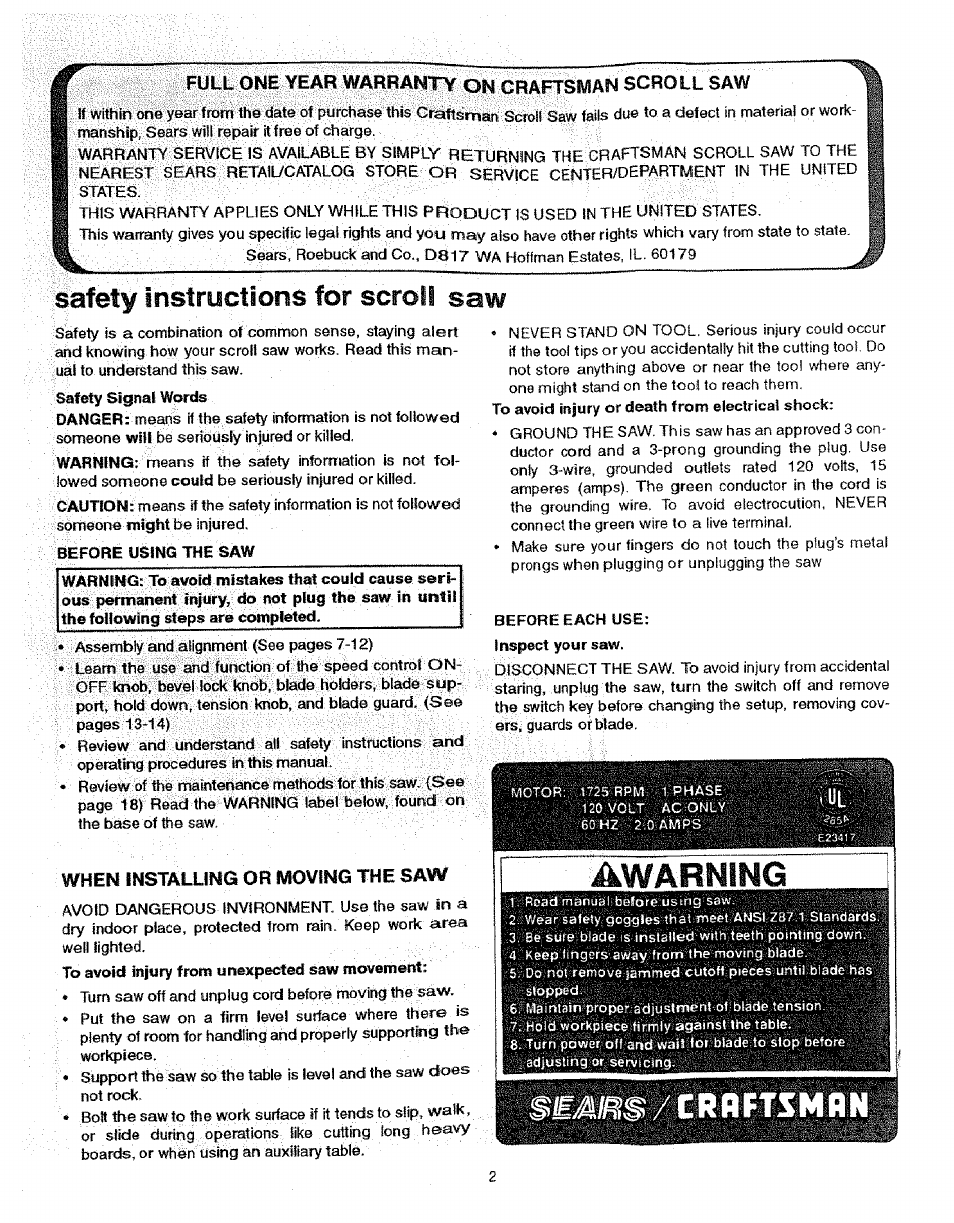 When installing or moving the saw, Awarning, Crrftsmrn | Safety instryctloris for scroll saw | Sears 113.235501 User Manual | Page 2 / 22