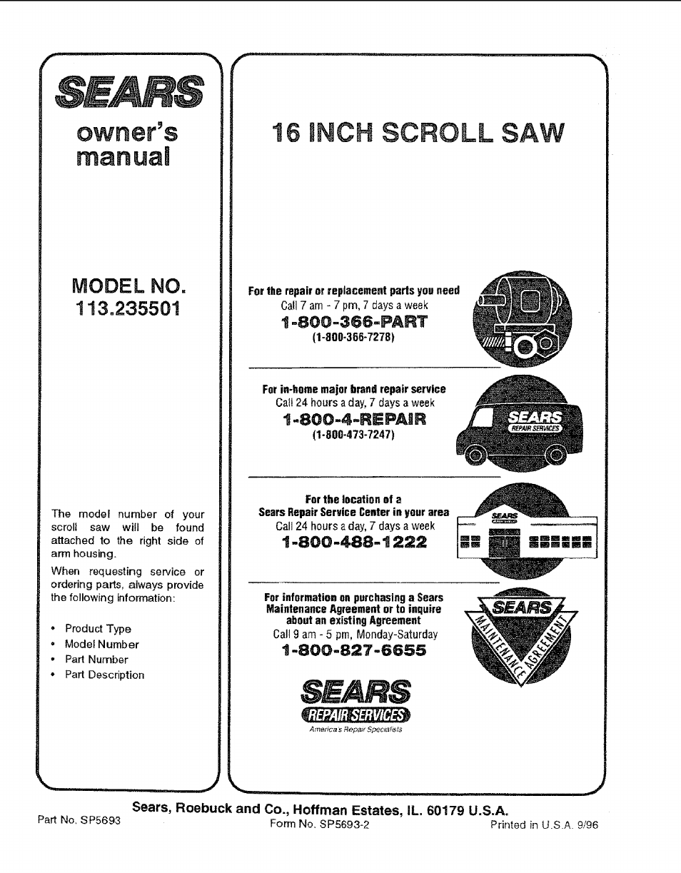 1«.800-4»№pair, Owner’s manual, 16 inch scroll saw | Model no | Sears 113.235501 User Manual | Page 22 / 22