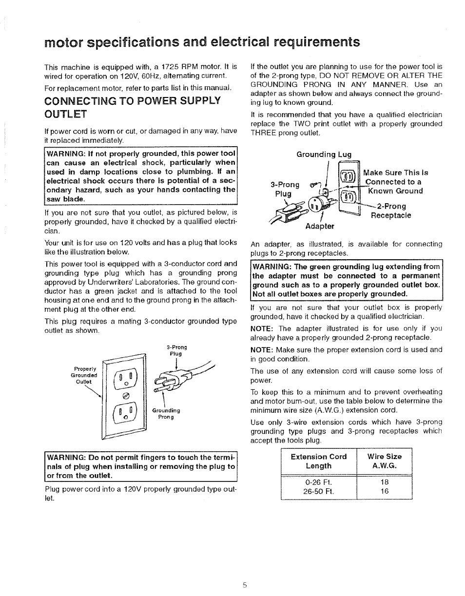 Motor specifications and eiectricai requirements, Connectimg to power supply outlet | Sears 113.235501 User Manual | Page 5 / 22