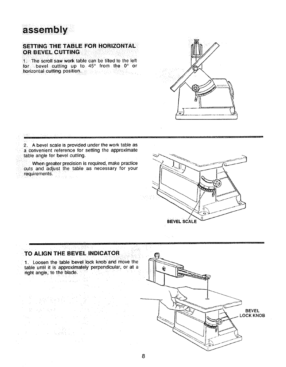 Assembly, Or bevel cutting, To align the bevel indicator | Aligning the bevel indicator | Sears 113.235501 User Manual | Page 8 / 22