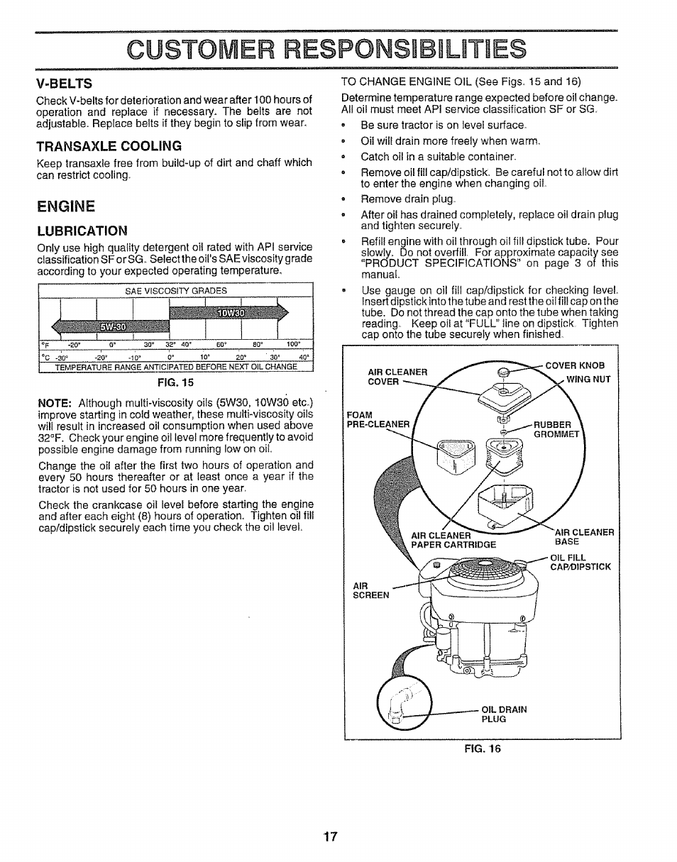 V-belts, Transaxle cooling, Lubrication | Customer responsibilities, Engine | Sears EZ3 917.256543 User Manual | Page 17 / 28