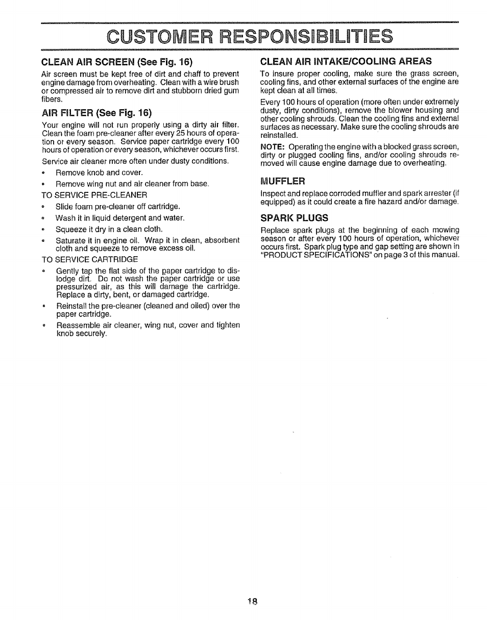 Clean air screen (see fig. 16), Air filter (see fig. 16), Clean air intake/cooling areas | Muffler, Spark plugs, Customer responsibilities | Sears EZ3 917.256543 User Manual | Page 18 / 28