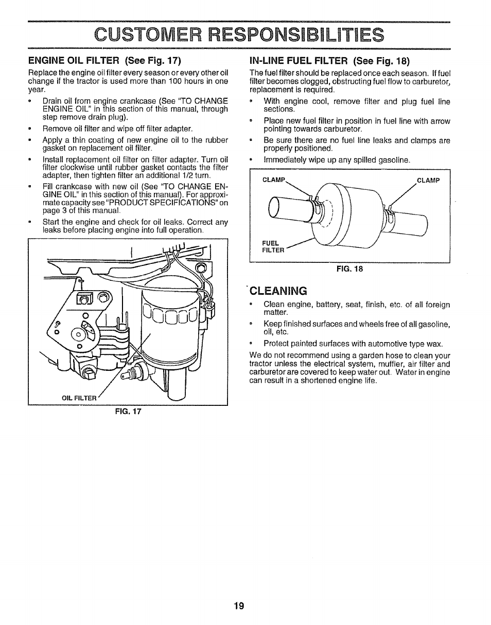 Engine oil filter (see fig. 17, In-line fuel filter (see fig. 18), Customer respomsibilities | Cleaning | Sears EZ3 917.256543 User Manual | Page 19 / 28