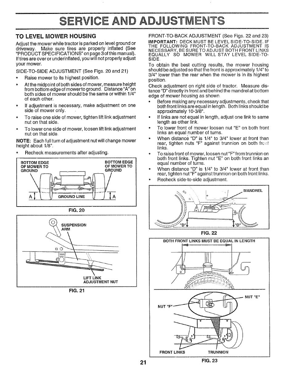 To level mower housing, Service mo adjustmeimts | Sears EZ3 917.256543 User Manual | Page 21 / 28