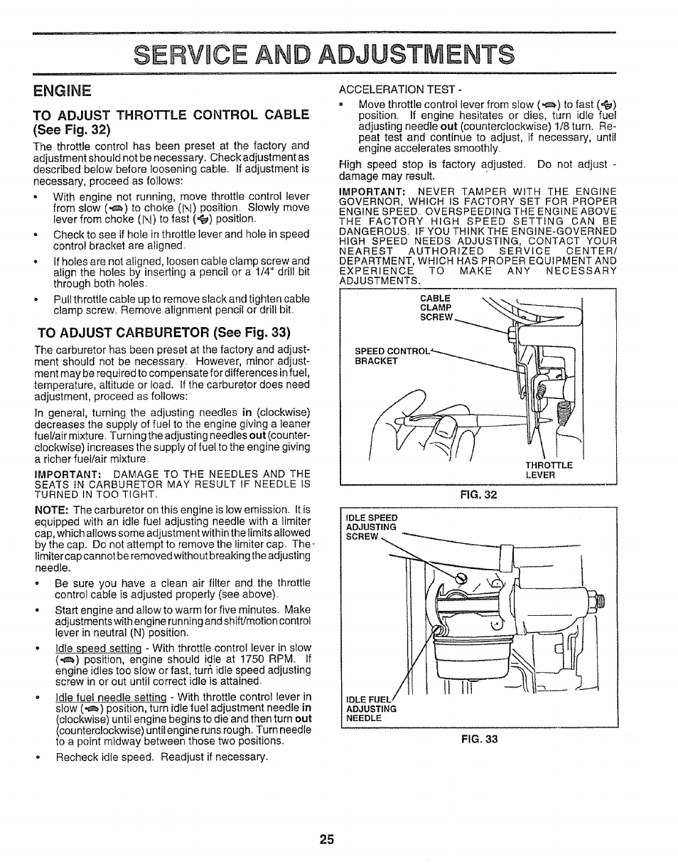 To adjust throttle control cable (see fig. 32), To adjust carburetor (see fig, 33), Service and adjustments | Engine | Sears EZ3 917.256543 User Manual | Page 25 / 28