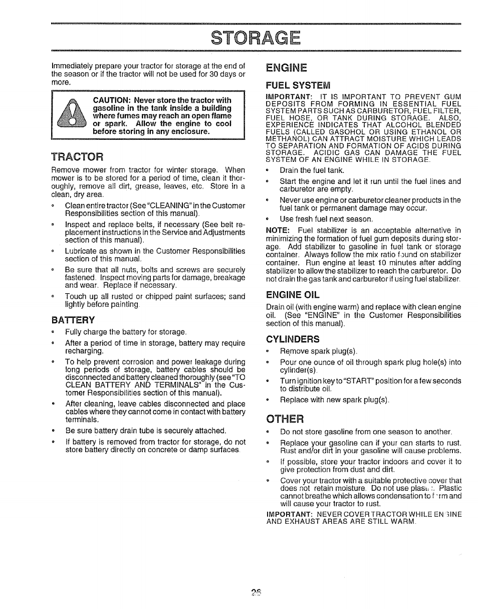 Battery, Fuel system, Engine oil | Cylinders, Storage, Tractor, Other | Sears EZ3 917.256543 User Manual | Page 26 / 28