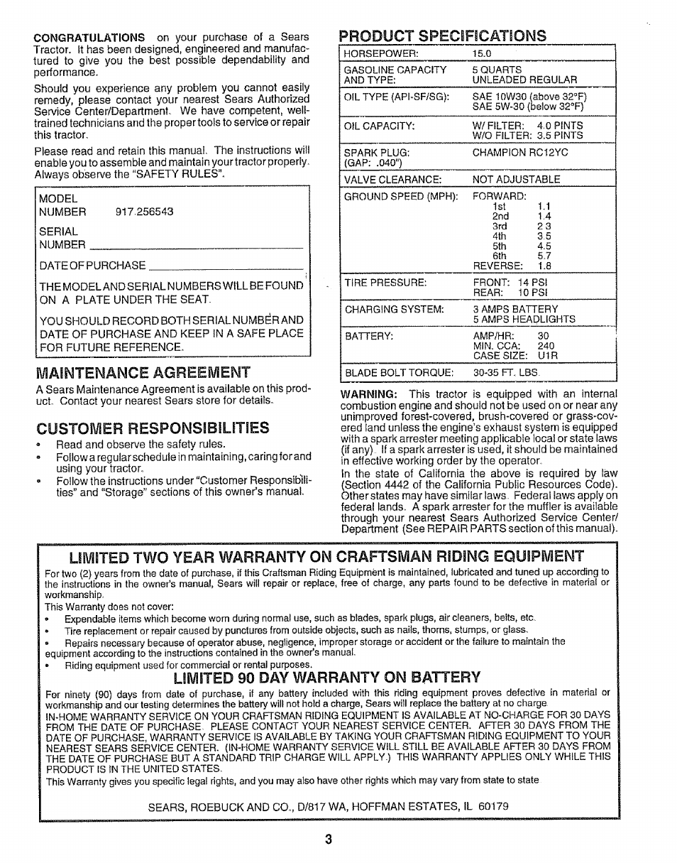 Maintenance agreement, Limited 90 day warranty on battery | Sears EZ3 917.256543 User Manual | Page 3 / 28