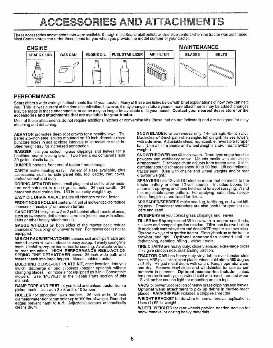 Engine, Maintenance, Performance | Accessories, Attacrswents | Sears EZ3 917.256543 User Manual | Page 5 / 28