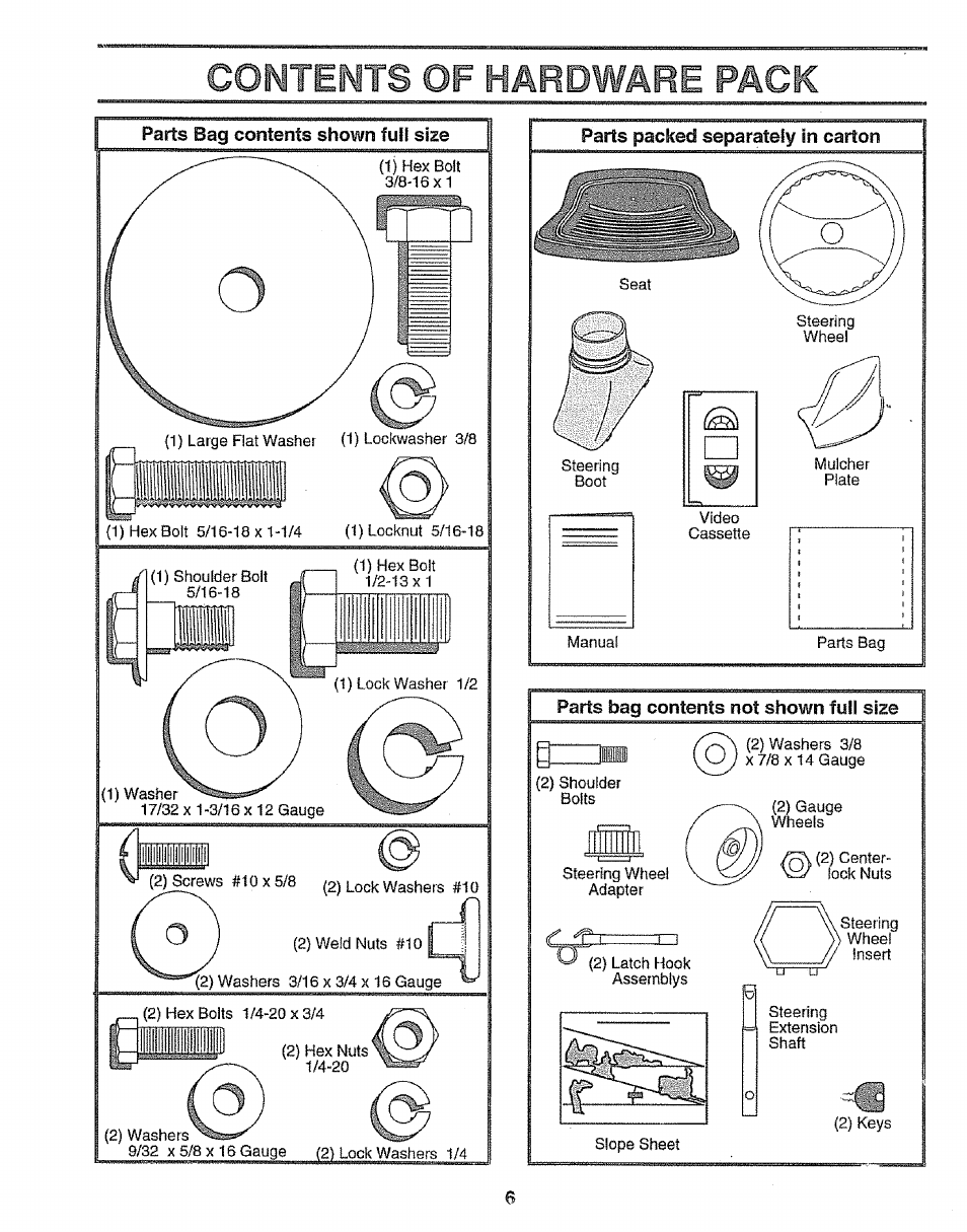 Parts bag contents shown futi size, Parts packed separately in carton, Parts bag contents not shown fyll size | Contents of hardware pacec | Sears EZ3 917.256543 User Manual | Page 6 / 28