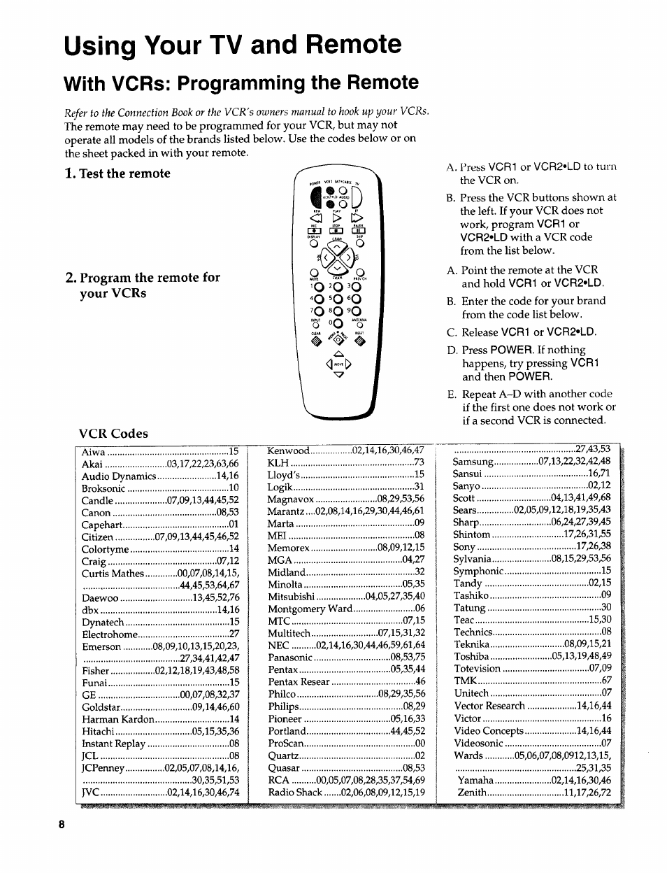 With vcrs: programming the remote, Test the remote, Program the remote for your vcrs | Vcr codes, Using your tv and remote | Sears 274.4394859 User Manual | Page 10 / 32