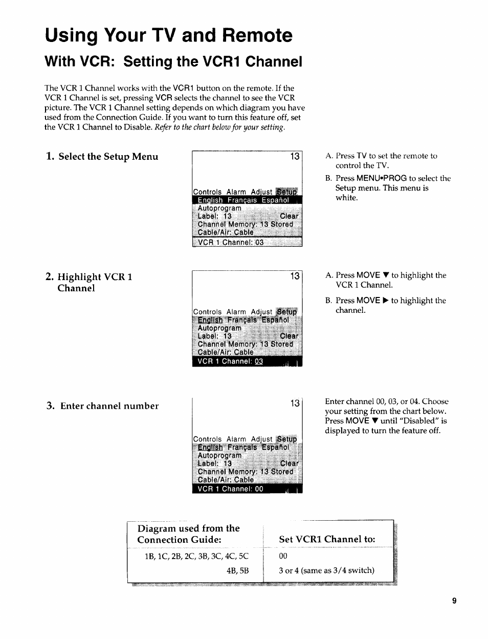 With vcr: setting the vcr1 channel, Select the setup menu, Diagram used from the connection guide | Set vcrl channel to, Using your tv and remote | Sears 274.4394859 User Manual | Page 11 / 32