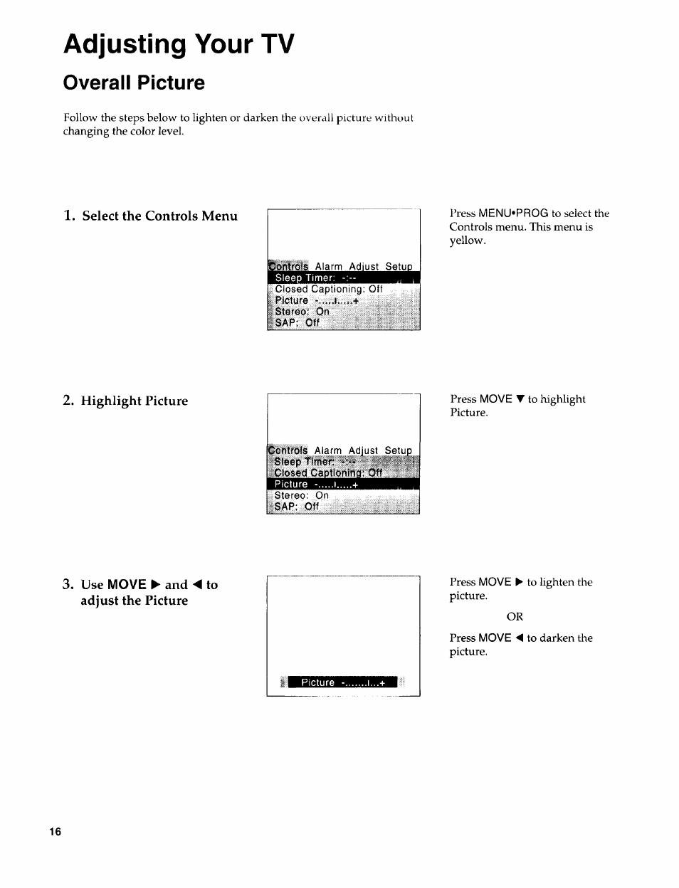 Adjusting your tv, Overall picture | Sears 274.4394859 User Manual | Page 18 / 32