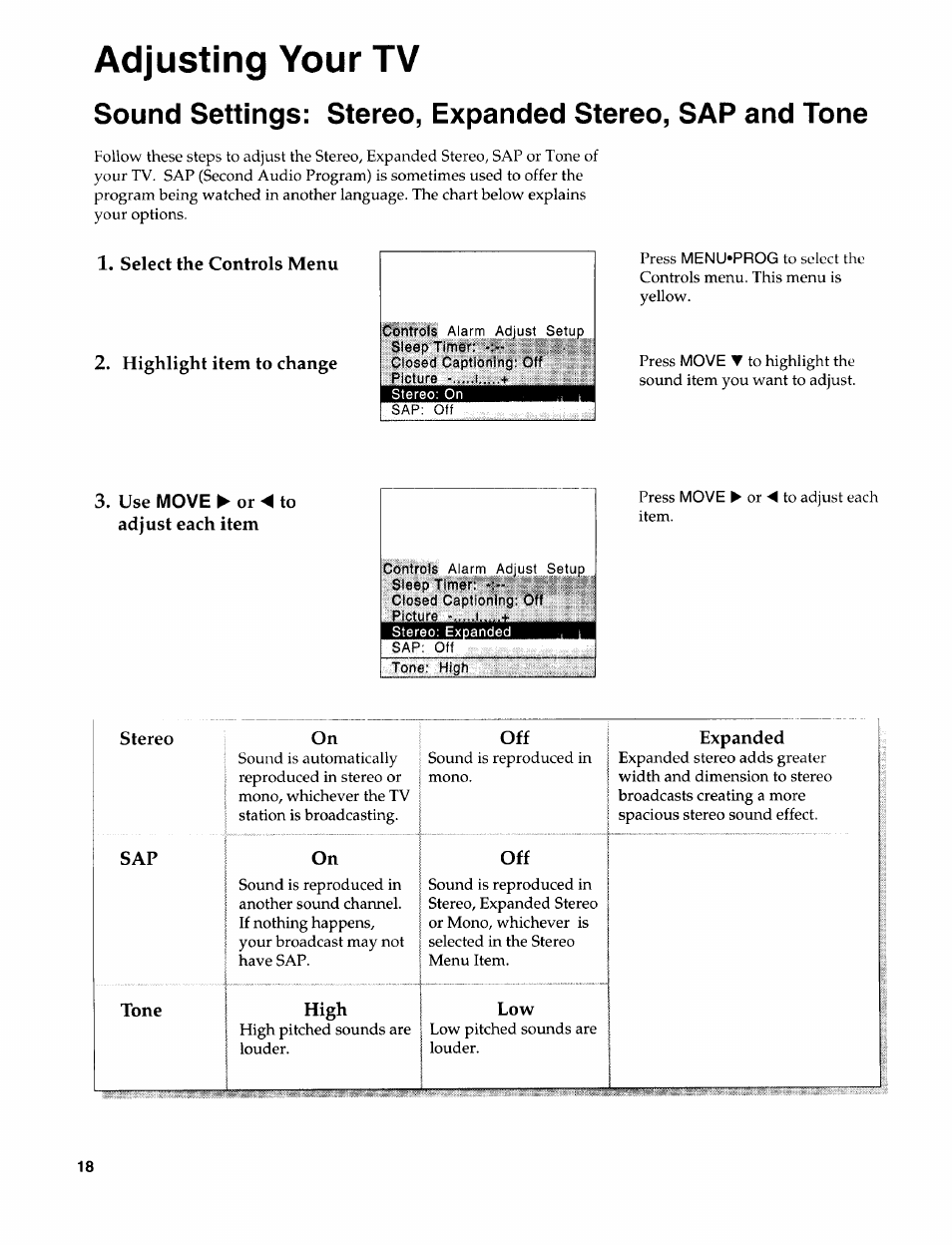 Highlight item to change, Use move ► or to adjust each item, Adjusting your tv | Sears 274.4394859 User Manual | Page 20 / 32