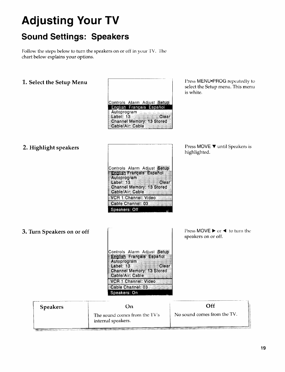 Sound settings: speakers, Adjusting your tv | Sears 274.4394859 User Manual | Page 21 / 32