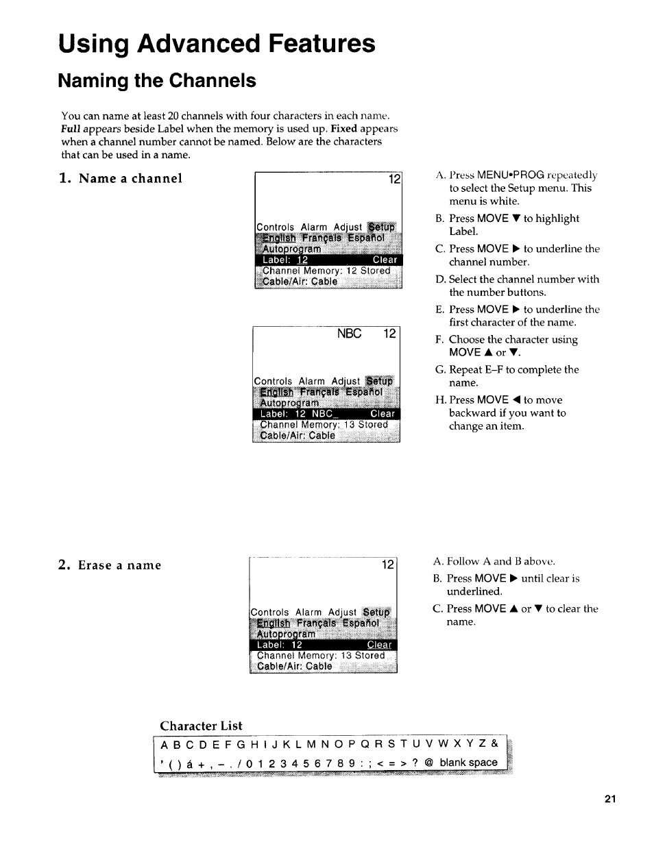 Naming the channels, Name a channel, Nbc 12 | Erase a name, Character list, Using advanced features | Sears 274.4394859 User Manual | Page 23 / 32