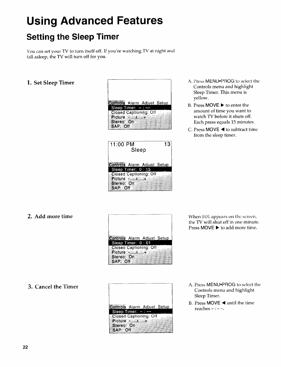 Setting the sleep timer, Using advanced features, Set sleep timer | 00 pm sleep 13, Add more time, Cancel the timer | Sears 274.4394859 User Manual | Page 24 / 32