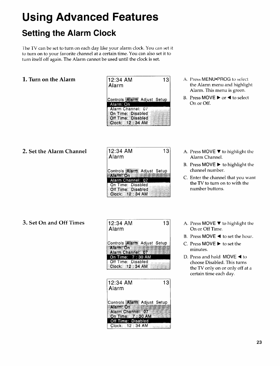 Setting the alarm clock, Turn on the alarm, 34 am alarm | Set the alarm channel, Using advanced features | Sears 274.4394859 User Manual | Page 25 / 32