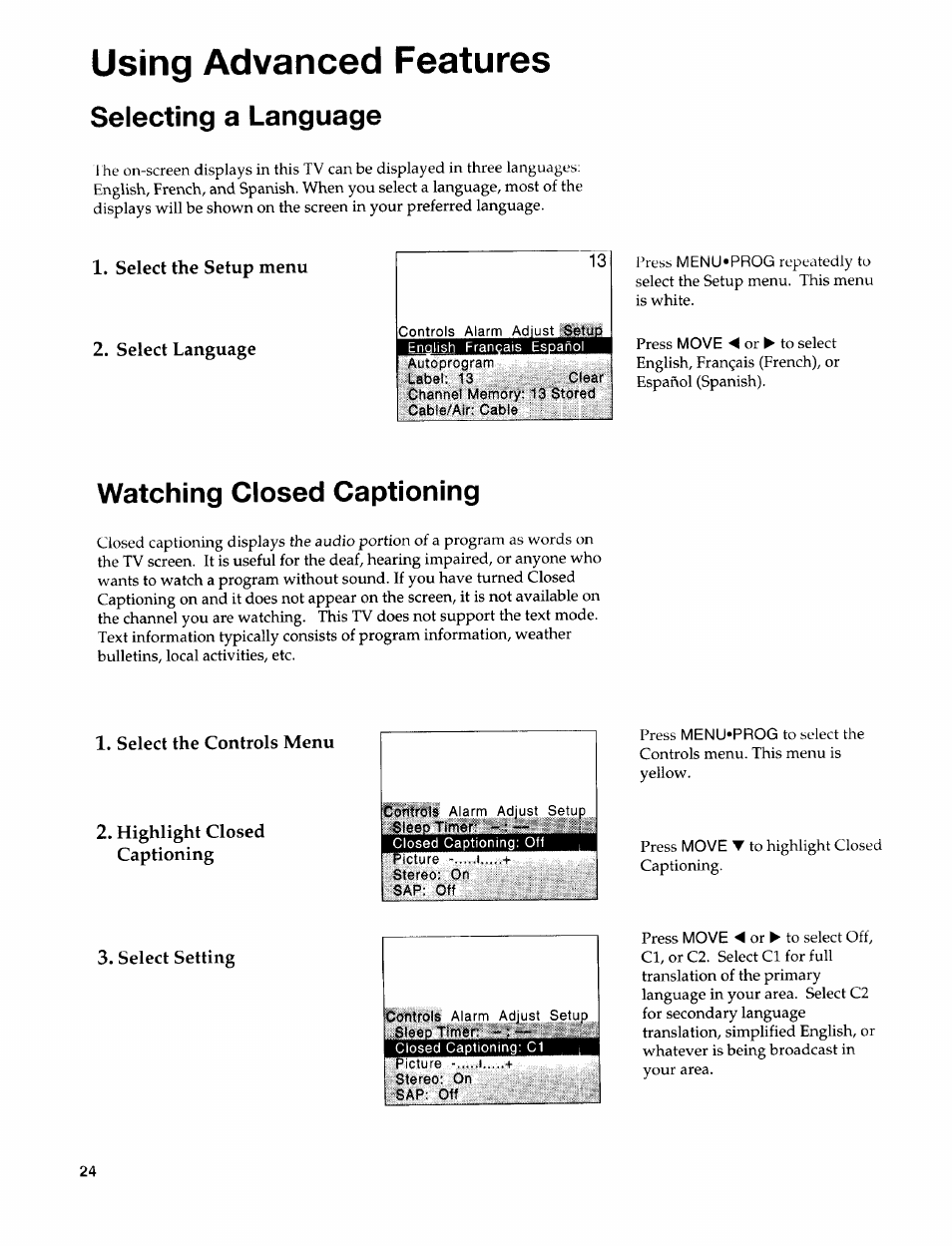 Using advanced features, Selecting a language, Watching closed captioning | Sears 274.4394859 User Manual | Page 26 / 32