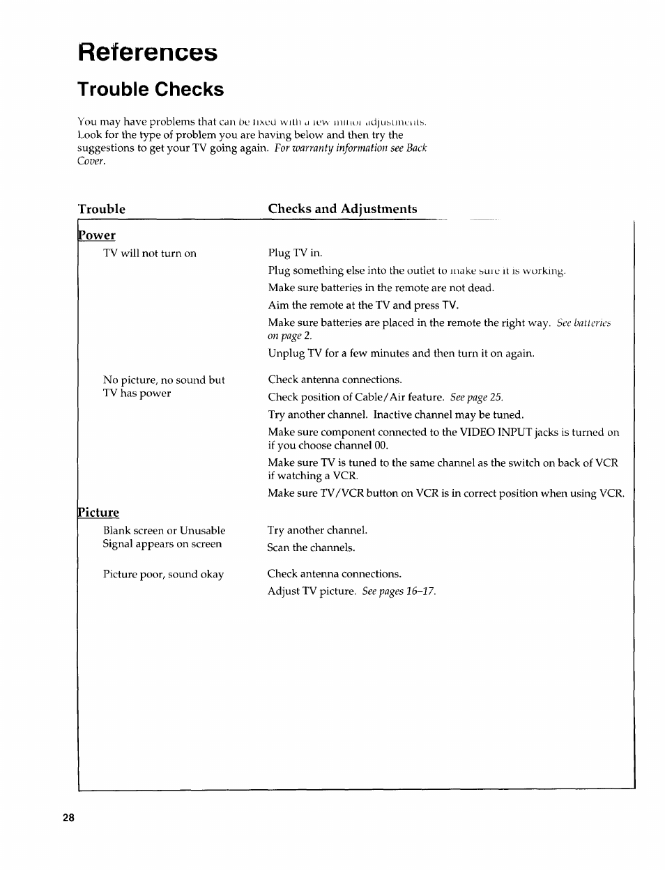 References, Trouble checks, Trouble | Checks and adjustments, Power, Picture | Sears 274.4394859 User Manual | Page 30 / 32