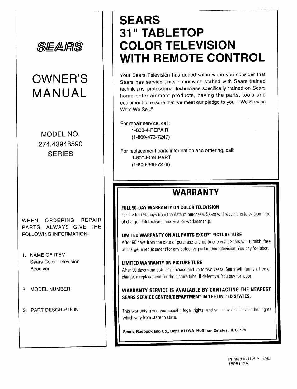 Sears, 31" tabletop color television with remote control, Warranty | Owner’s manual | Sears 274.4394859 User Manual | Page 32 / 32
