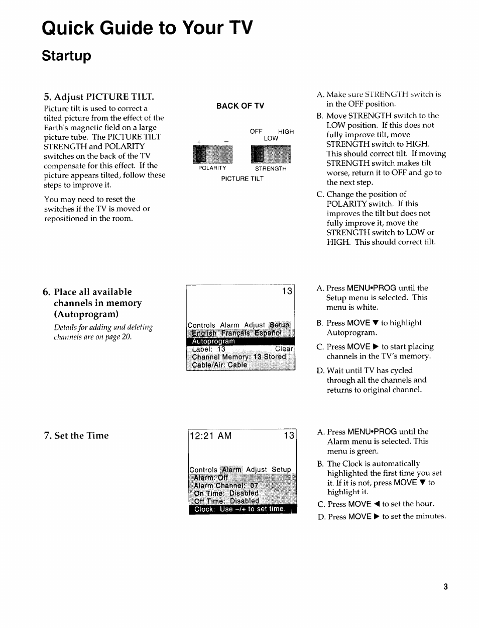 Quick guide to your tv, Startup, Adjust picture tilt | Sears 274.4394859 User Manual | Page 5 / 32