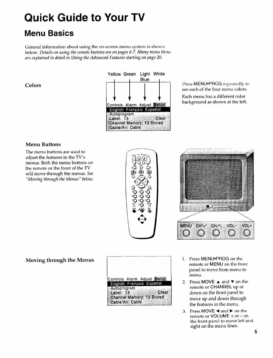 Menu basics, Menu buttons, Moving through the menus | Quick guide to your tv | Sears 274.4394859 User Manual | Page 7 / 32