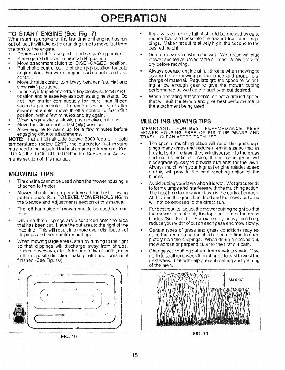 To start engine (see fig. 7), Mulching mowing tips, Operation | Mowing tips | Sears 917.25051 User Manual | Page 15 / 64