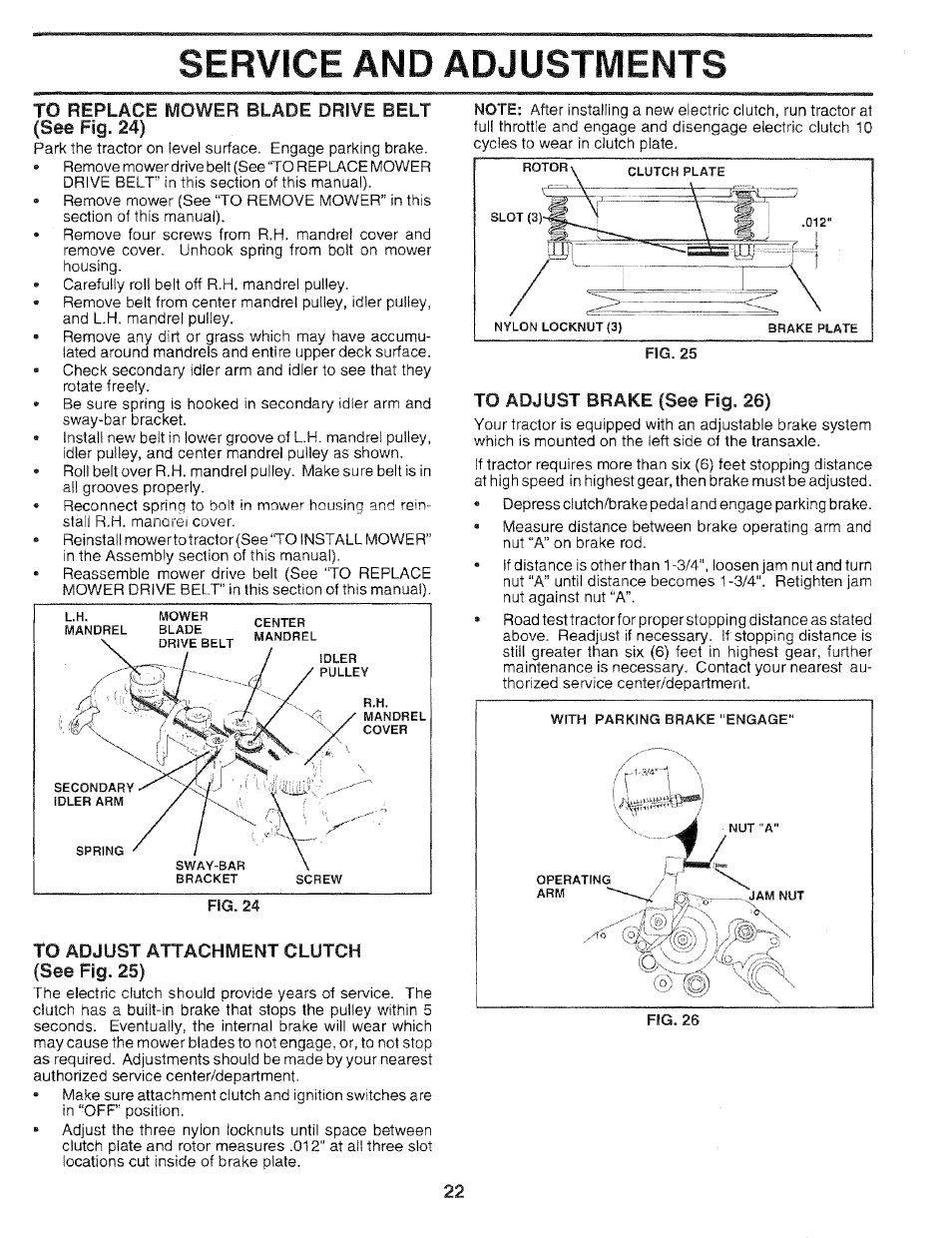 To replace mower blade drive belt (see fig. 24), Service and adjustments | Sears 917.25051 User Manual | Page 22 / 64