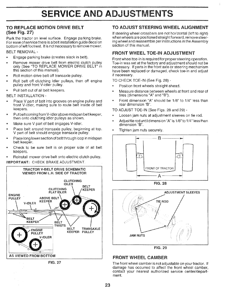 To replace motion drive belt (see fig. 27), Service and adjustments, Adjust | Sears 917.25051 User Manual | Page 23 / 64