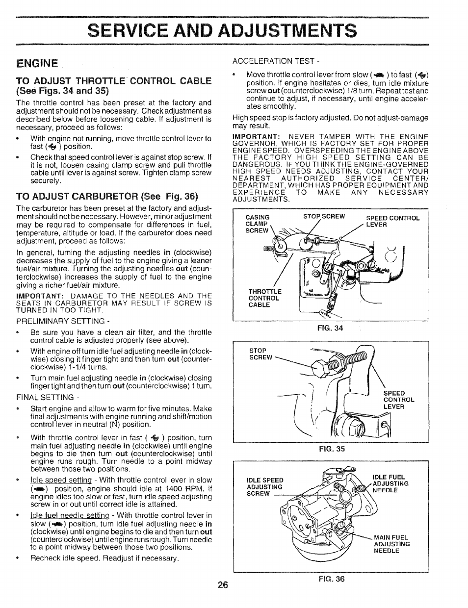 To adjust carburetor (see fig. 36), Service and adjustments | Sears 917.25051 User Manual | Page 26 / 64