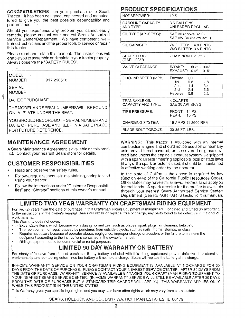 Product specifications, Maintenance agreement, Customer responsibilities | Ilimited 90 dm warranty on battery | Sears 917.25051 User Manual | Page 3 / 64