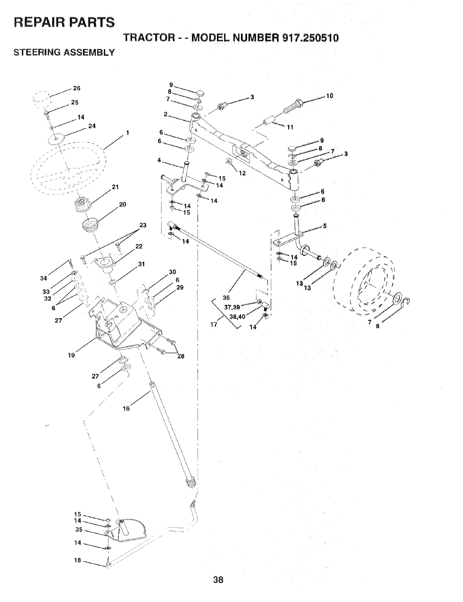 Repair parts, Steering assembly | Sears 917.25051 User Manual | Page 38 / 64