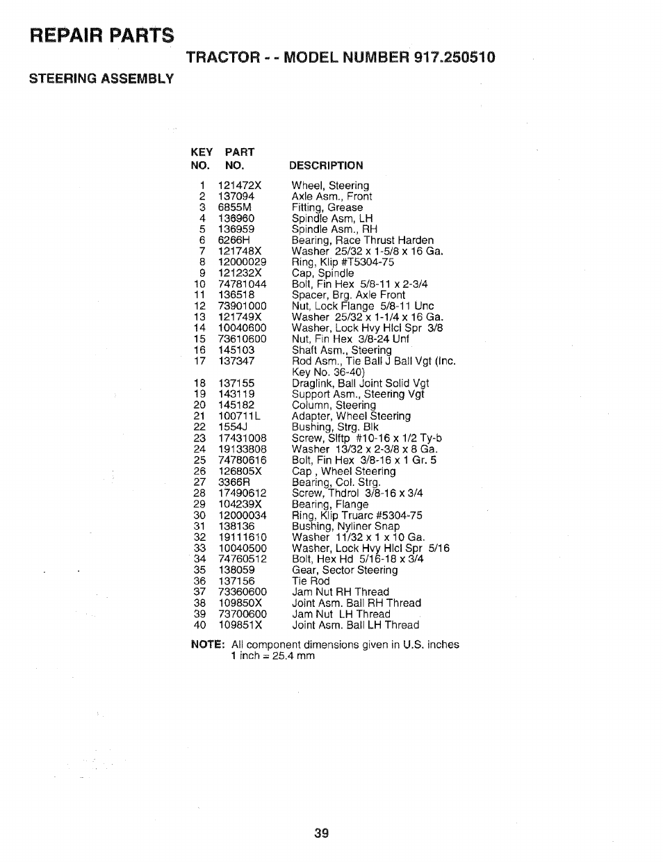 Steering assembly, Repair parts | Sears 917.25051 User Manual | Page 39 / 64