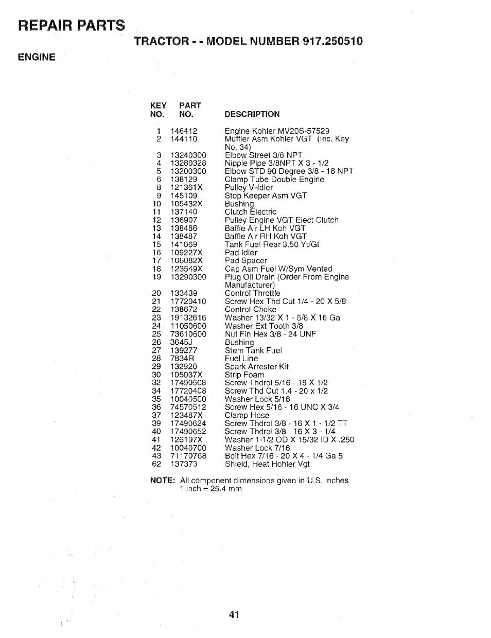 Repair parts, Engine | Sears 917.25051 User Manual | Page 41 / 64