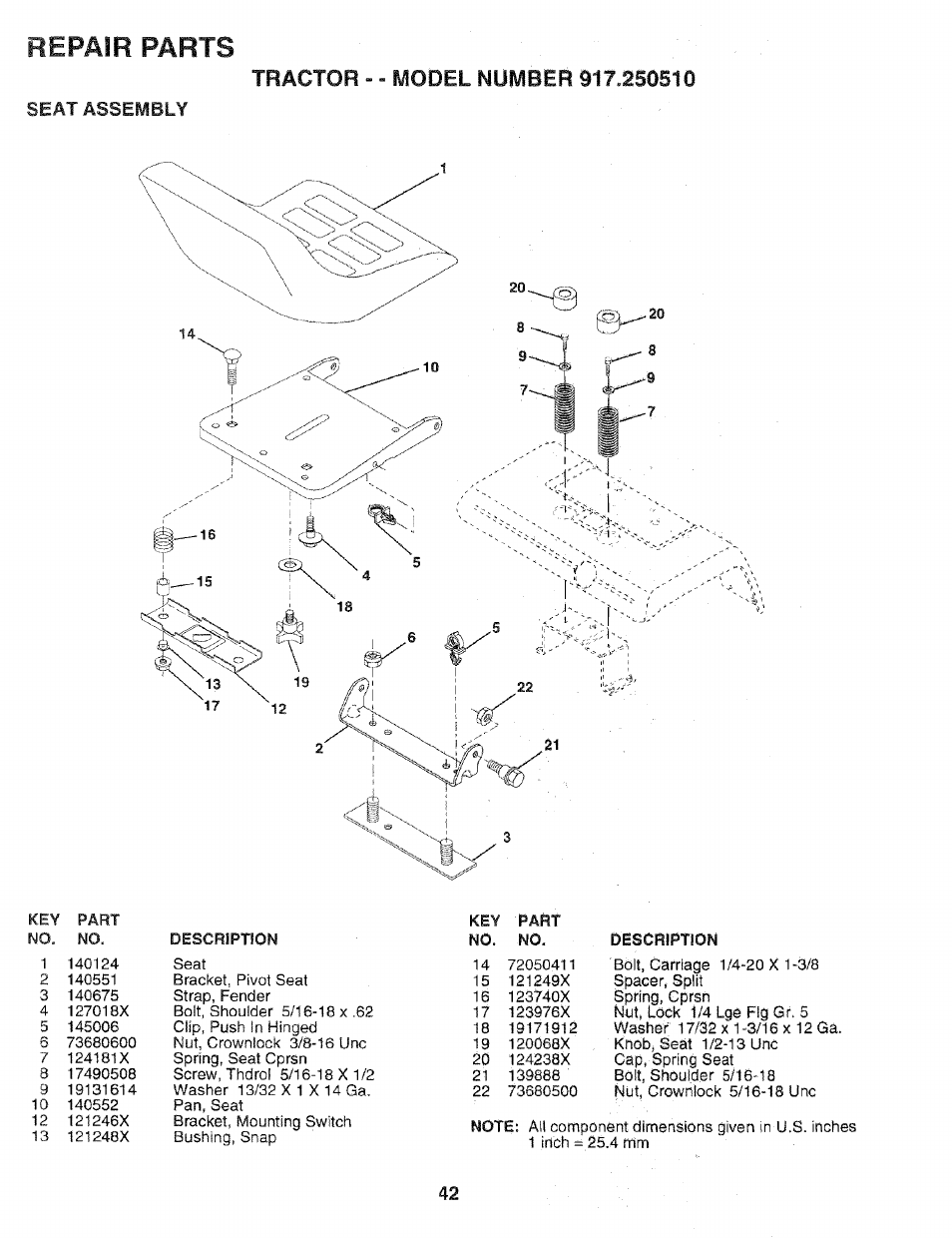 Seat assembly, Repair parts | Sears 917.25051 User Manual | Page 42 / 64