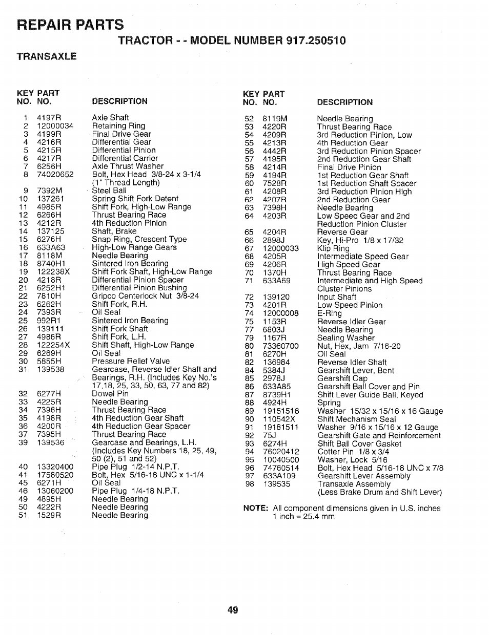 Transaxle, Repair parts | Sears 917.25051 User Manual | Page 49 / 64