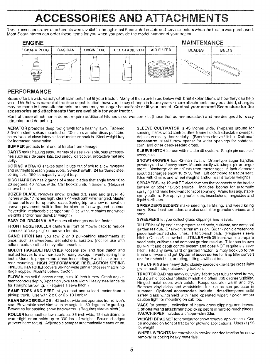 Engine, Performance, Accessories and attachments | Maintenance | Sears 917.25051 User Manual | Page 5 / 64