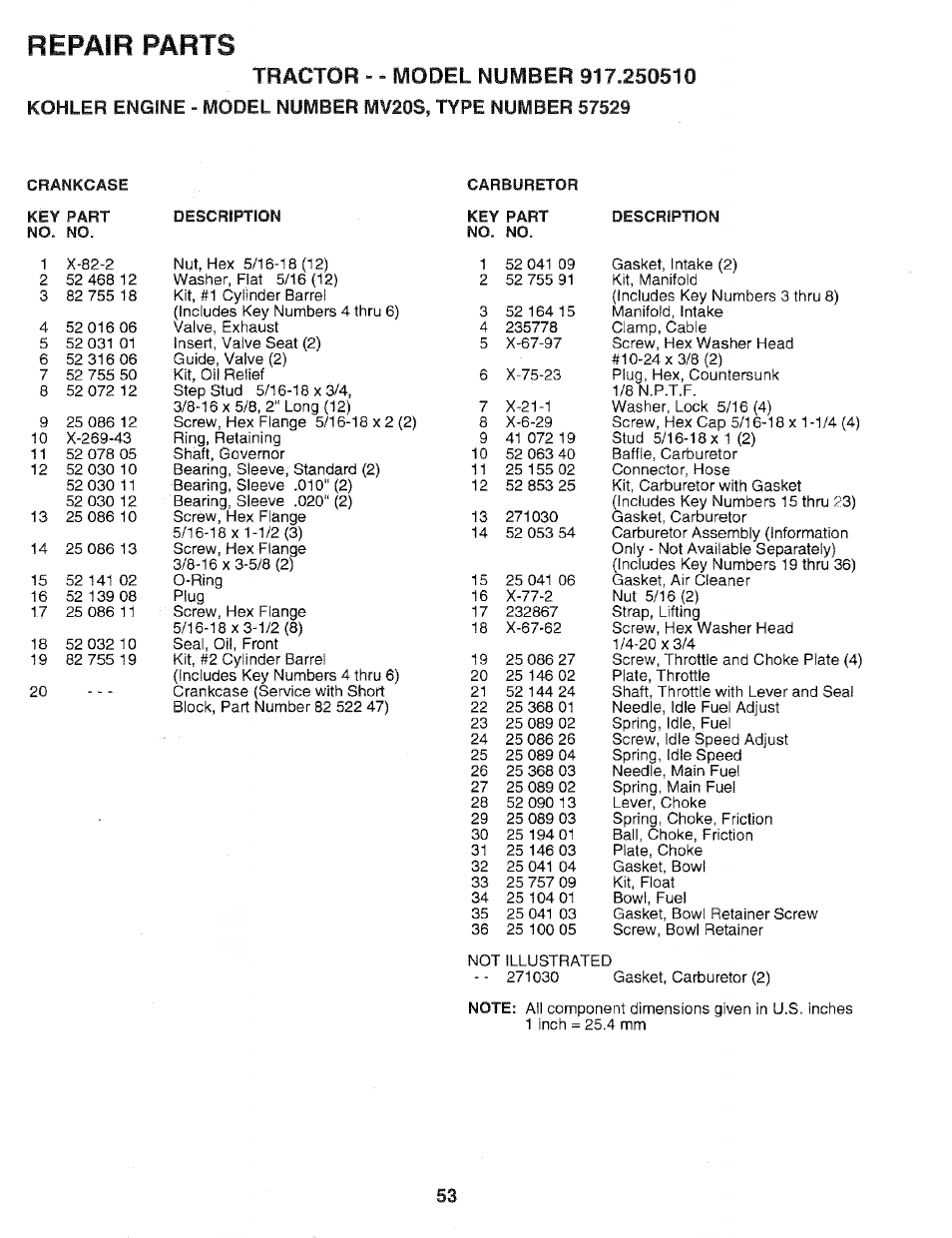 Repair parts, Mv20s | Sears 917.25051 User Manual | Page 53 / 64