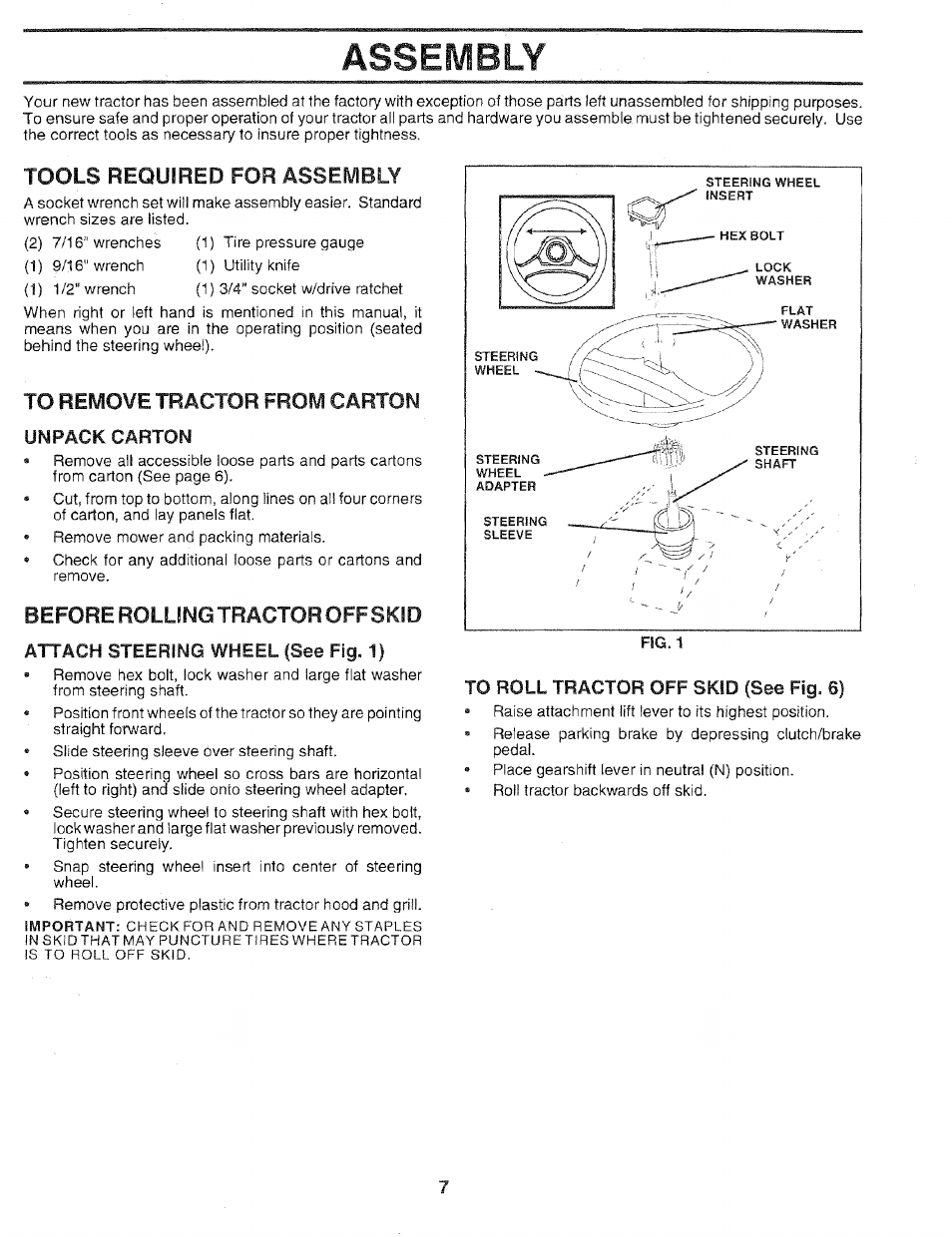 Unpack carton, Attach steering wheel (see fig. 1), Assembly | Tools required for assembly, Before rolling tractor offskid | Sears 917.25051 User Manual | Page 7 / 64