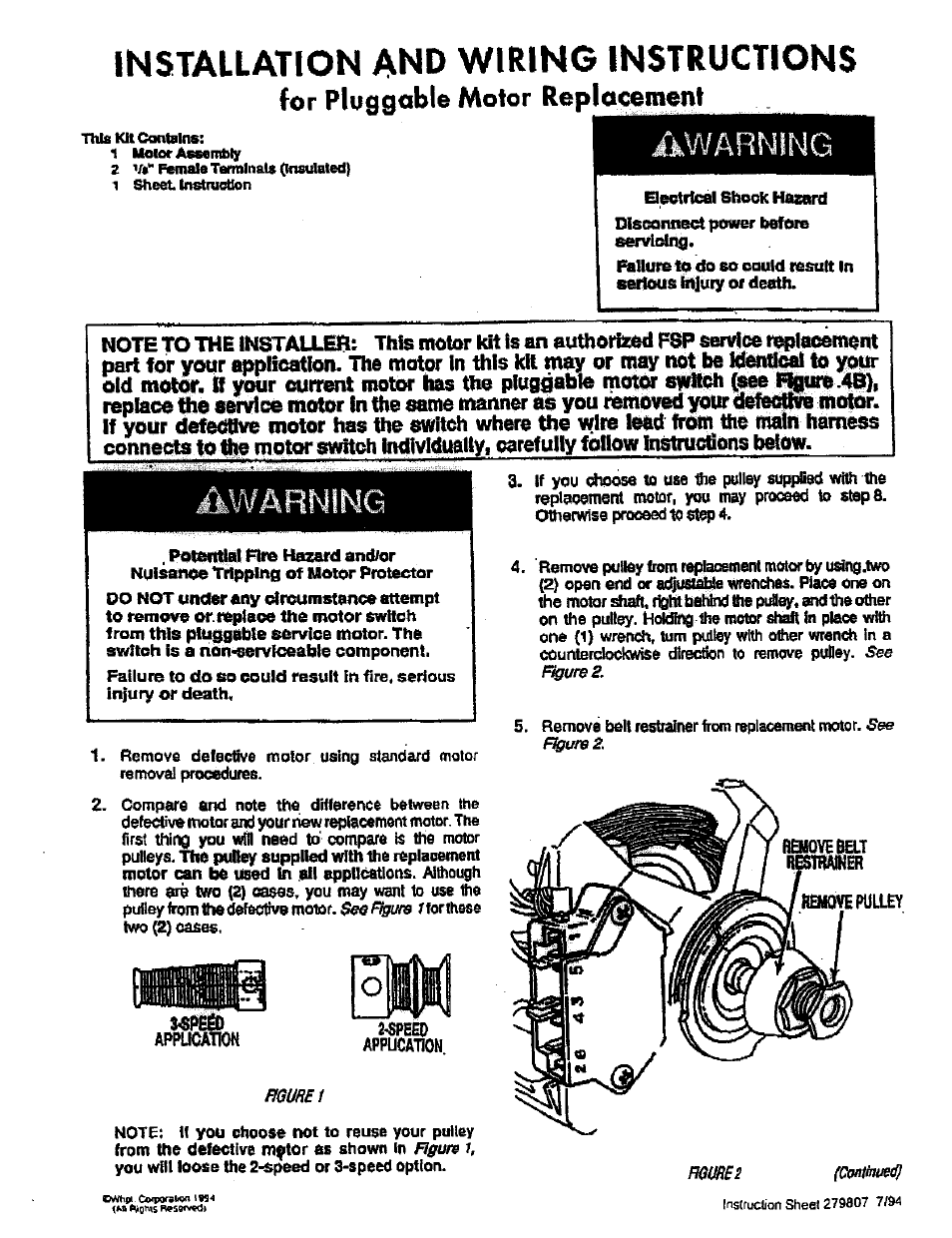 Flehowbelt ler, Rehove pulley, Appucation | Installation and wiring instructions, For pluggoble motor replacement | Sears 279827 User Manual | Page 2 / 4