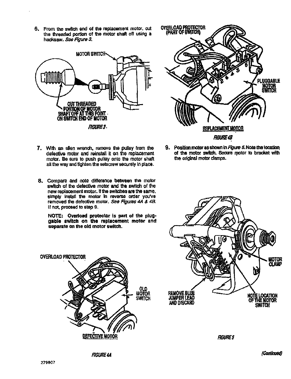 Ovhiloaqf, Overload protectofl, Motor | Switch, Uoior, Clamp, Reuovebuie jumper lead and discard, Opthe motor switch | Sears 279827 User Manual | Page 3 / 4