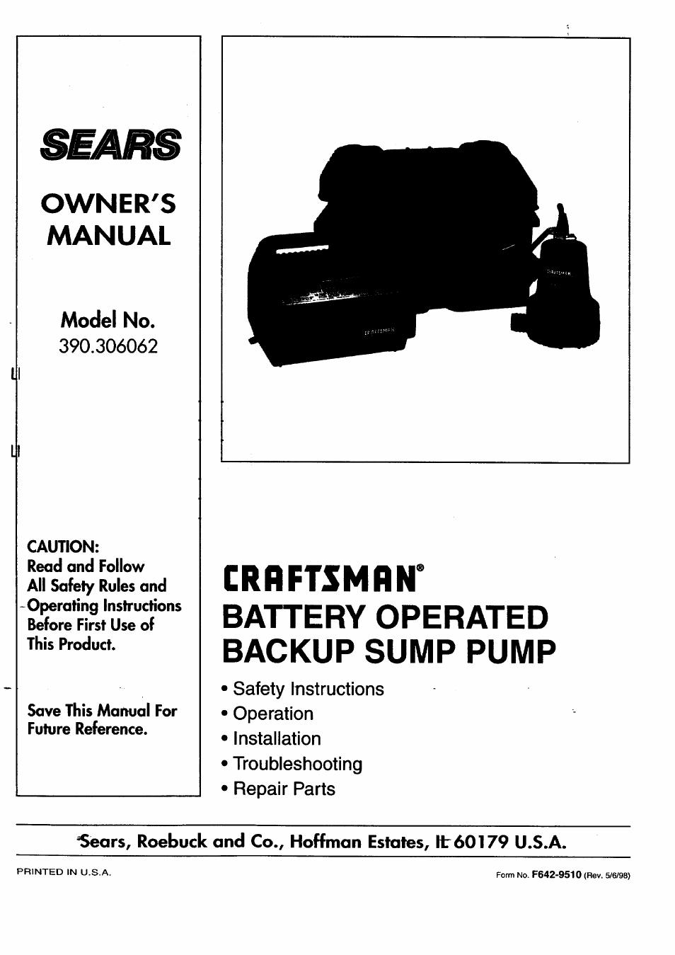 Sears 390.306062 User Manual | 8 pages