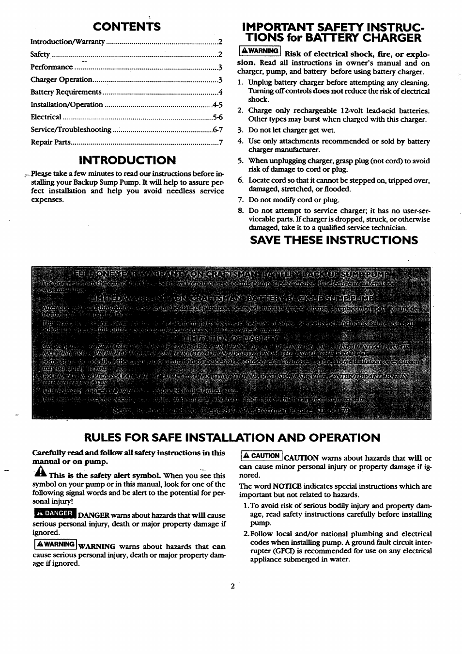 Contents important safety instruc, Introduction/warranty 2 tions for batters charger, Save these instructions | Rules for safe installation and operation, Tions for batters charger, Introduction | Sears 390.306062 User Manual | Page 2 / 8