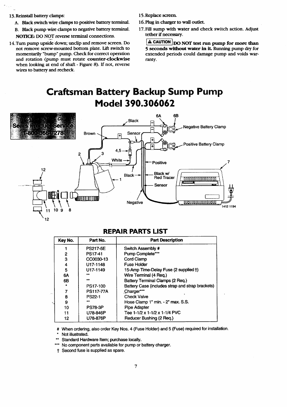 Repair parts list | Sears 390.306062 User Manual | Page 7 / 8